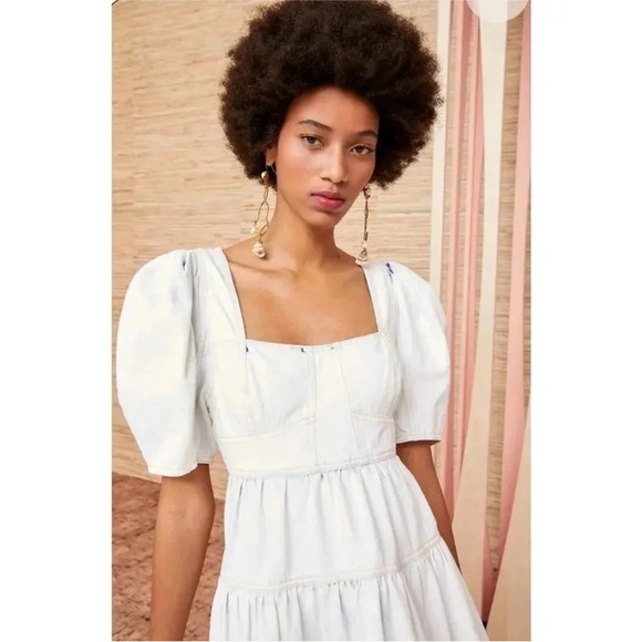 Ulla‎ Johnson Ames Denim Dress Whitewash Corset Empire Waist Puff Sleeve Size 4 - Picture 16 of 16